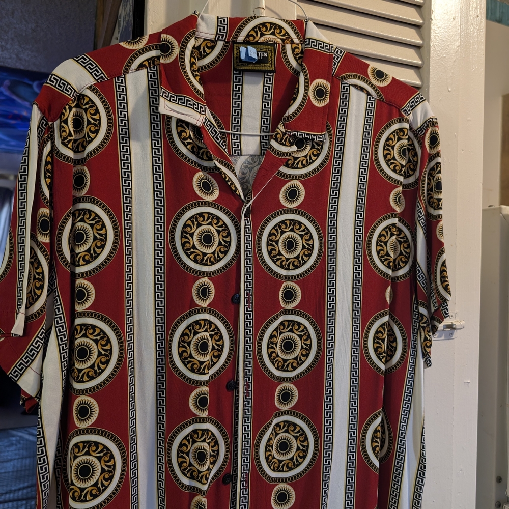 Versace Red and Gold Geometric Button Down Shirt